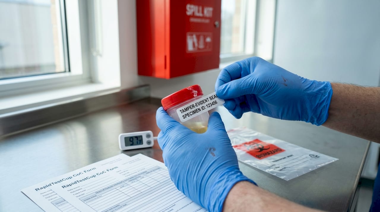 Hands sealing urine specimen with tamper-evident label
