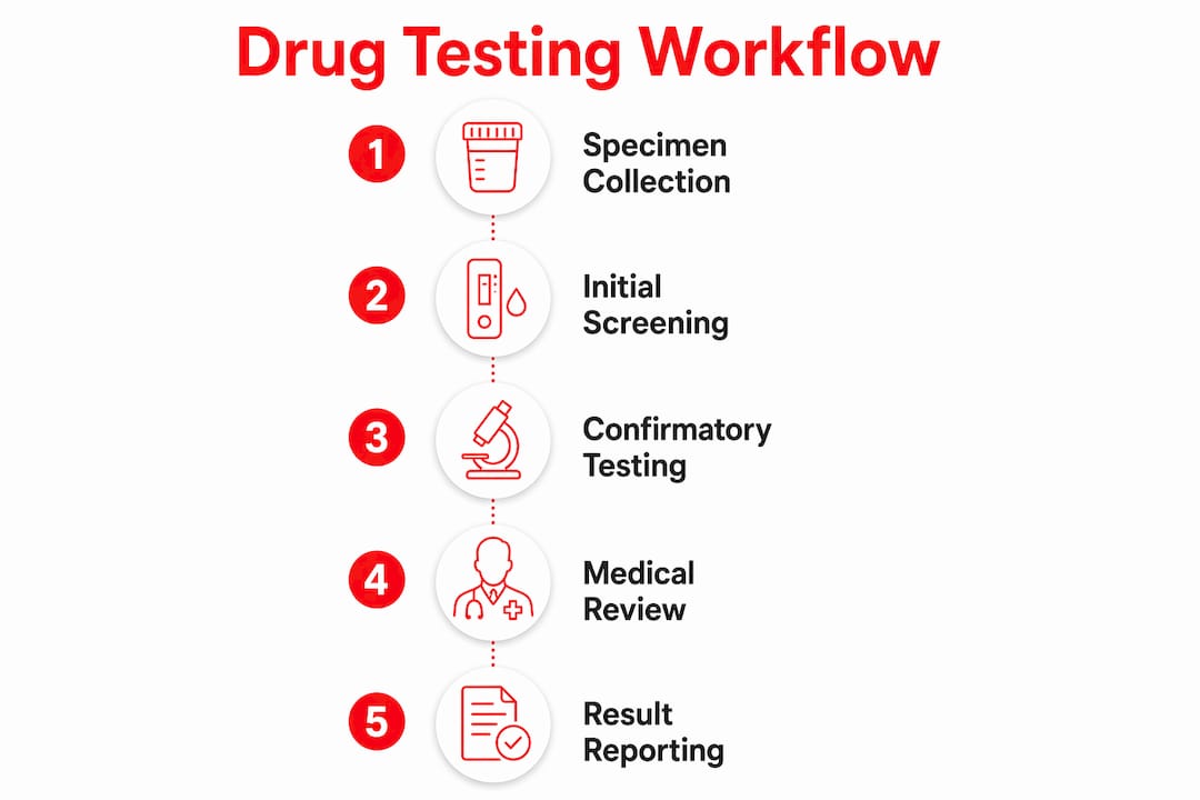 Infographic illustrating drug testing workflow steps