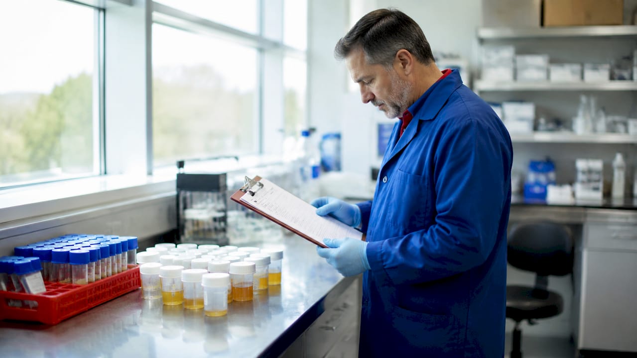 Lab technician handling drug test specimen cups