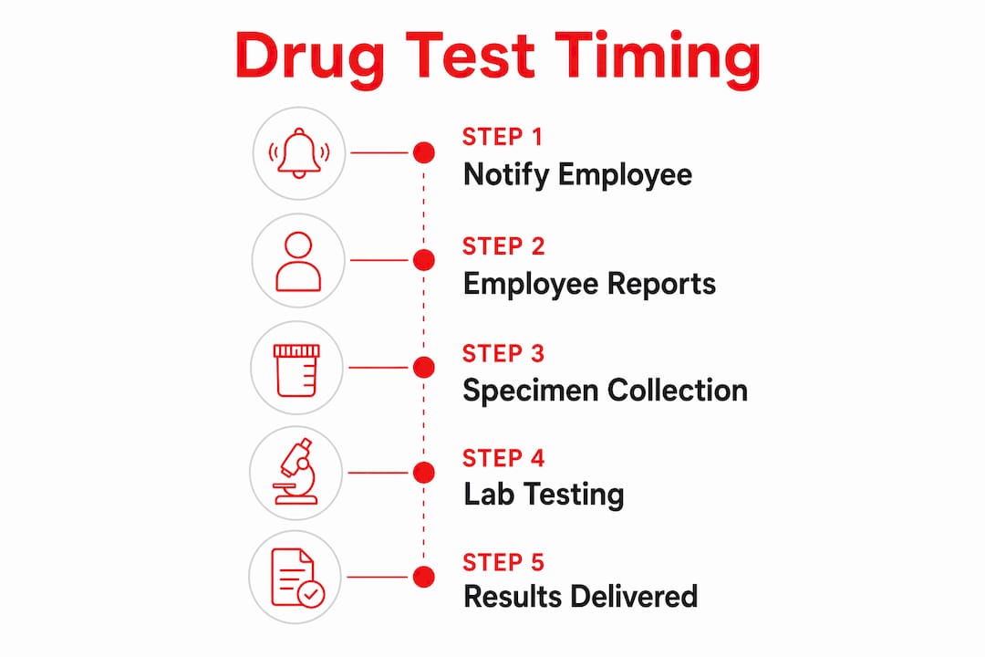 Infographic outlining steps in workplace drug testing timing process
