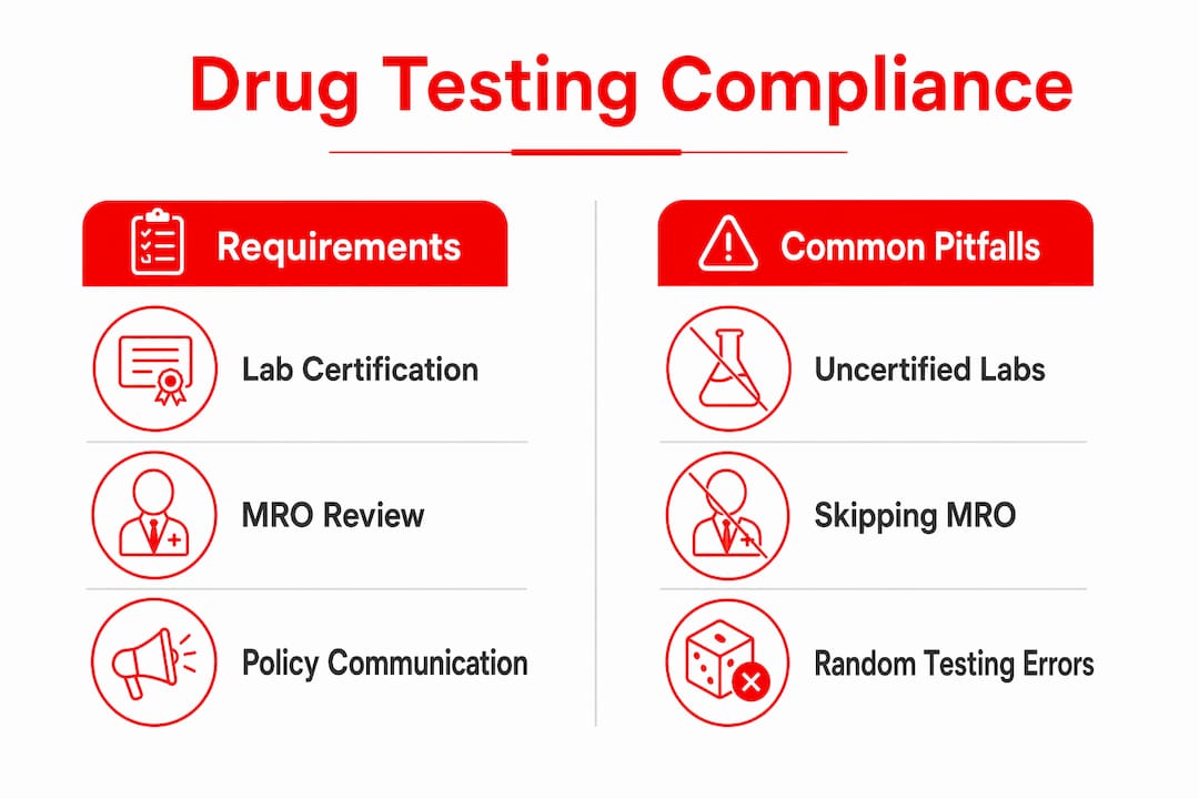 Infographic comparing drug testing requirements and common compliance pitfalls