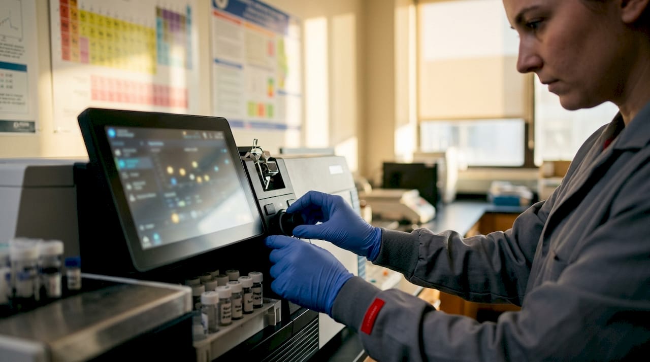 Hands adjusting mass spectrometer controls in lab