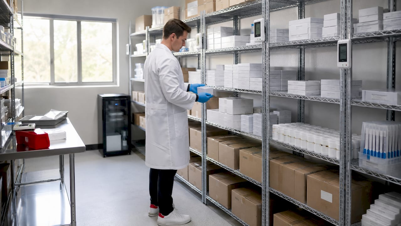 Hands organizing drug test kits in storage room