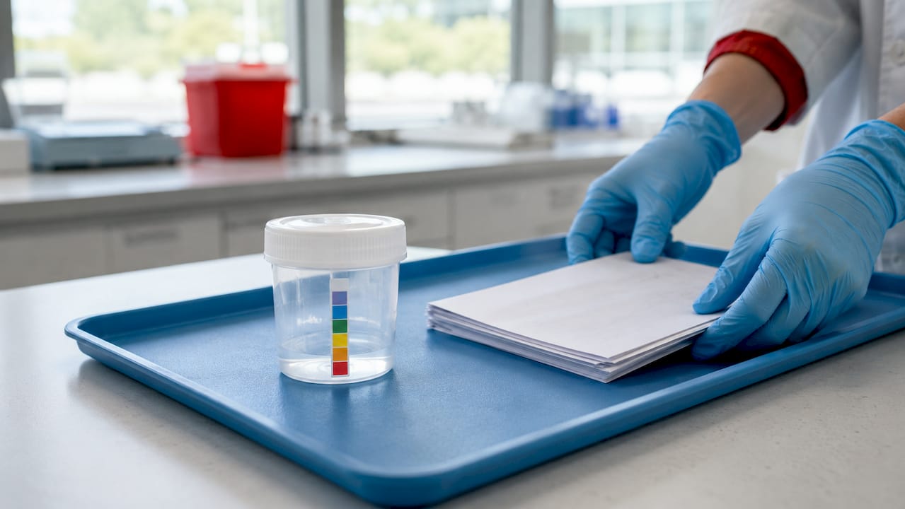 Specimen cup with temperature strip on testing form