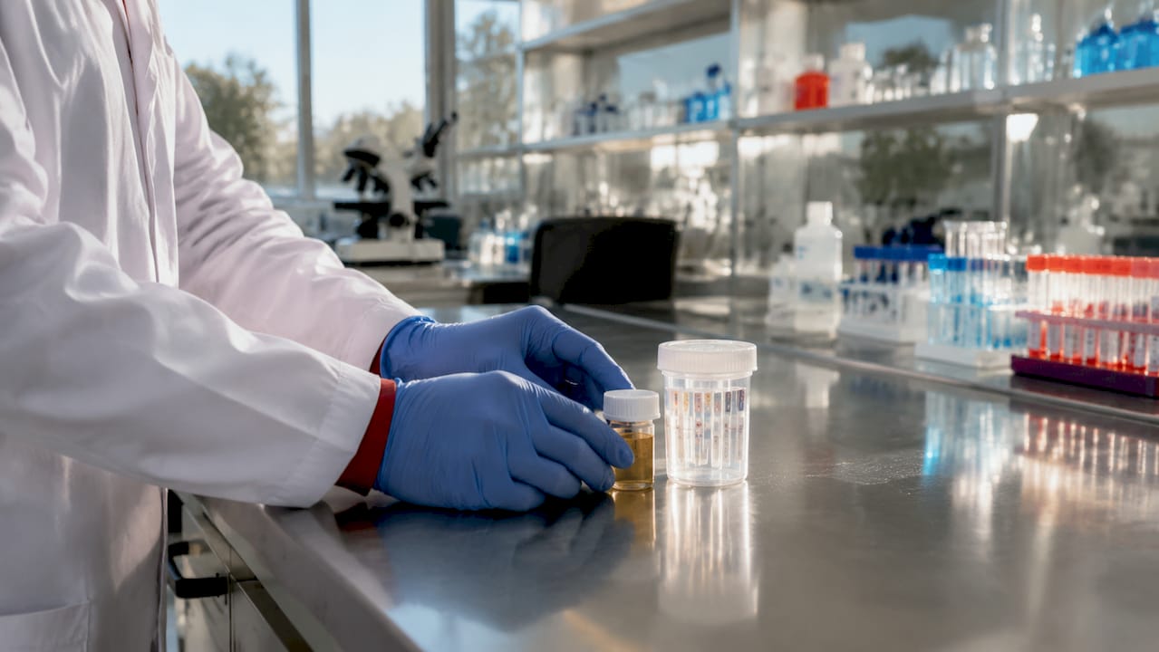 Technician handling urine control vial for drug test
