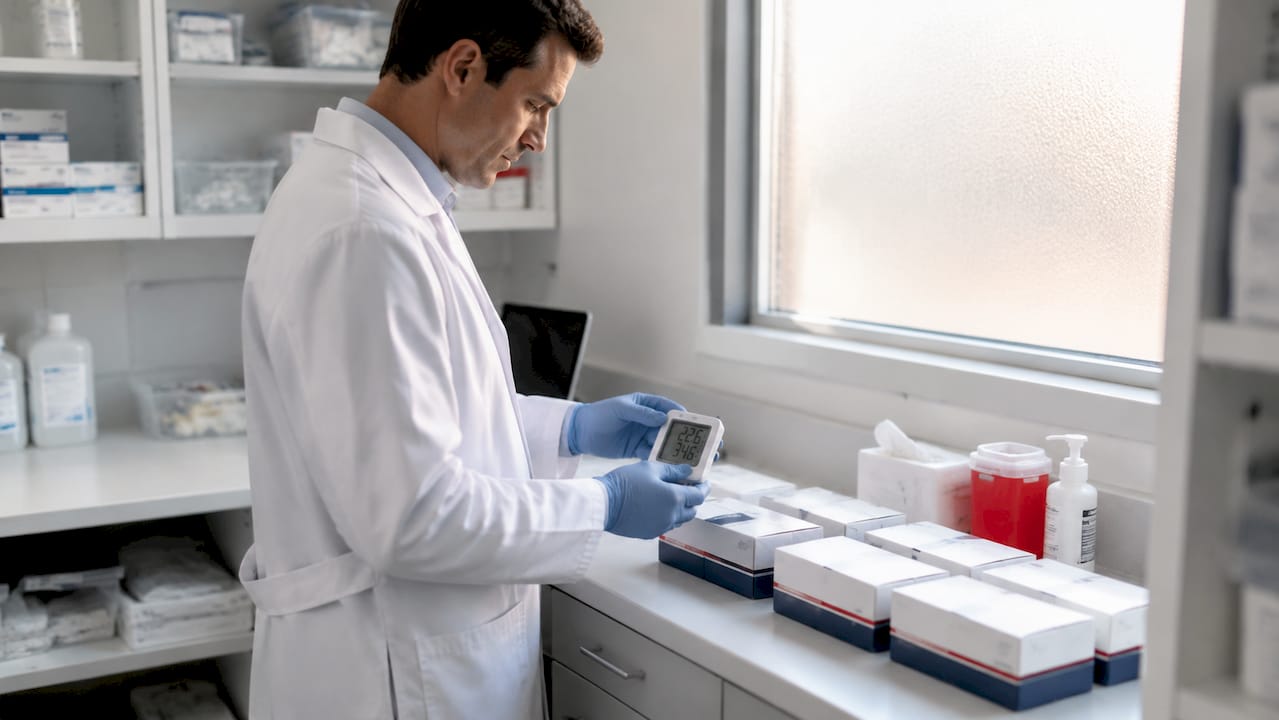 Hands holding digital thermometer near test kits