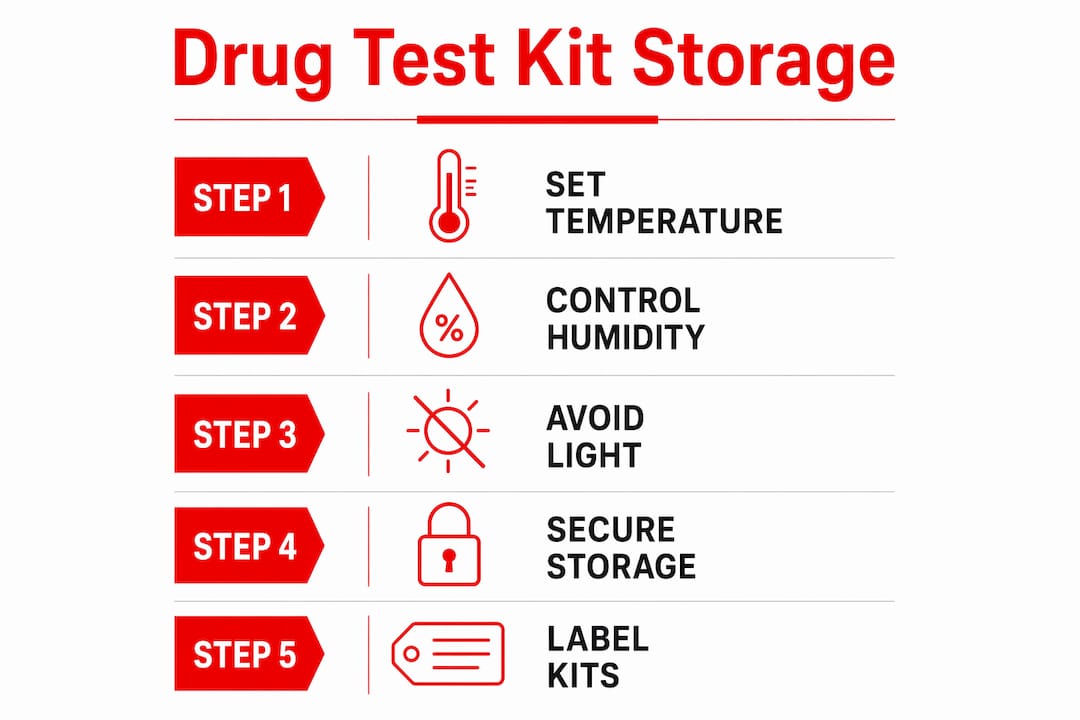 Infographic outlining drug test kit storage steps