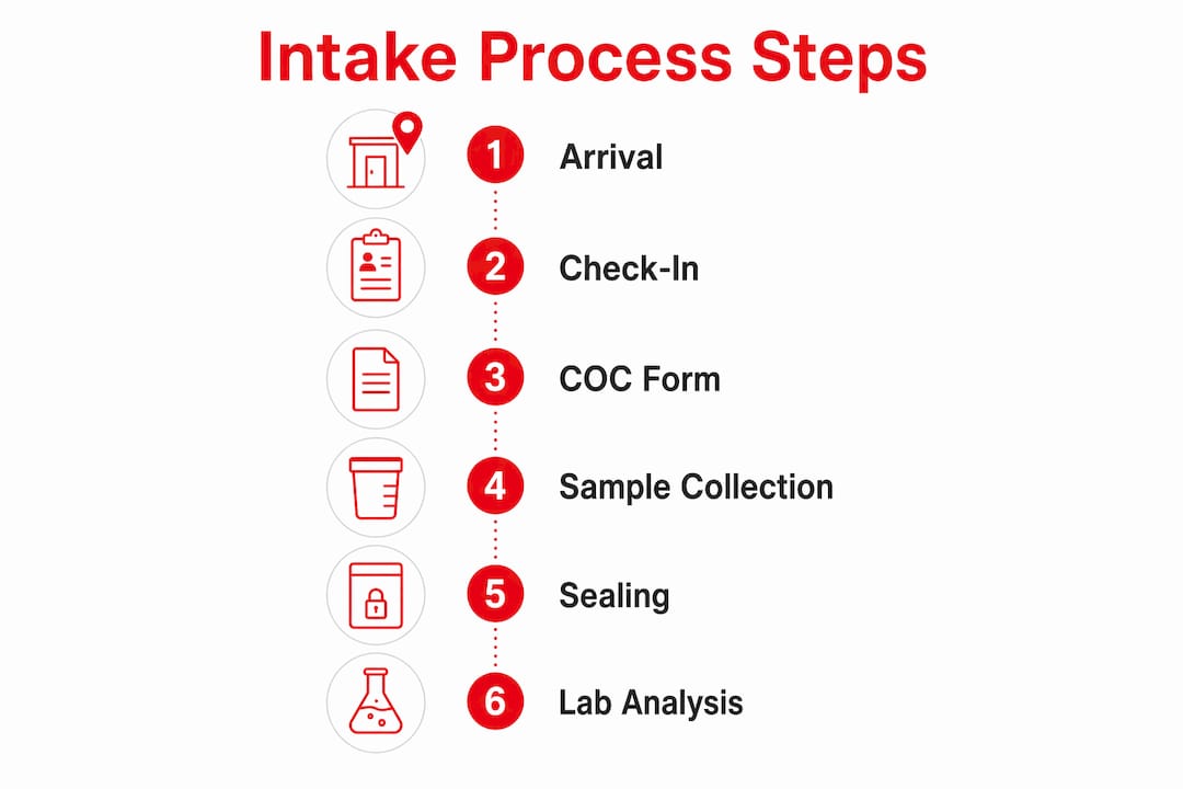 Infographic illustrating drug testing intake step-by-step process