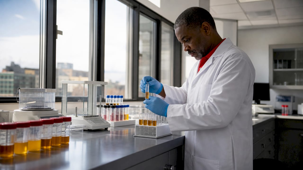 Lab technician preparing drug test samples