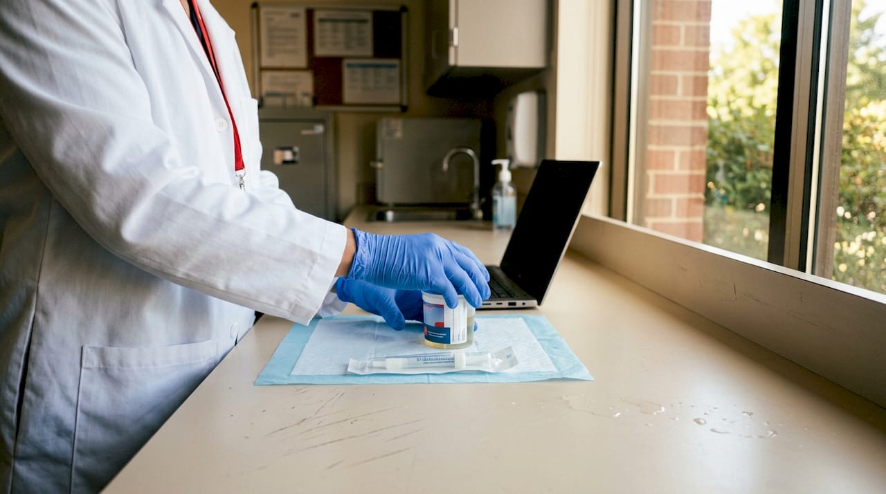 Hands managing multiple drug specimen collection devices