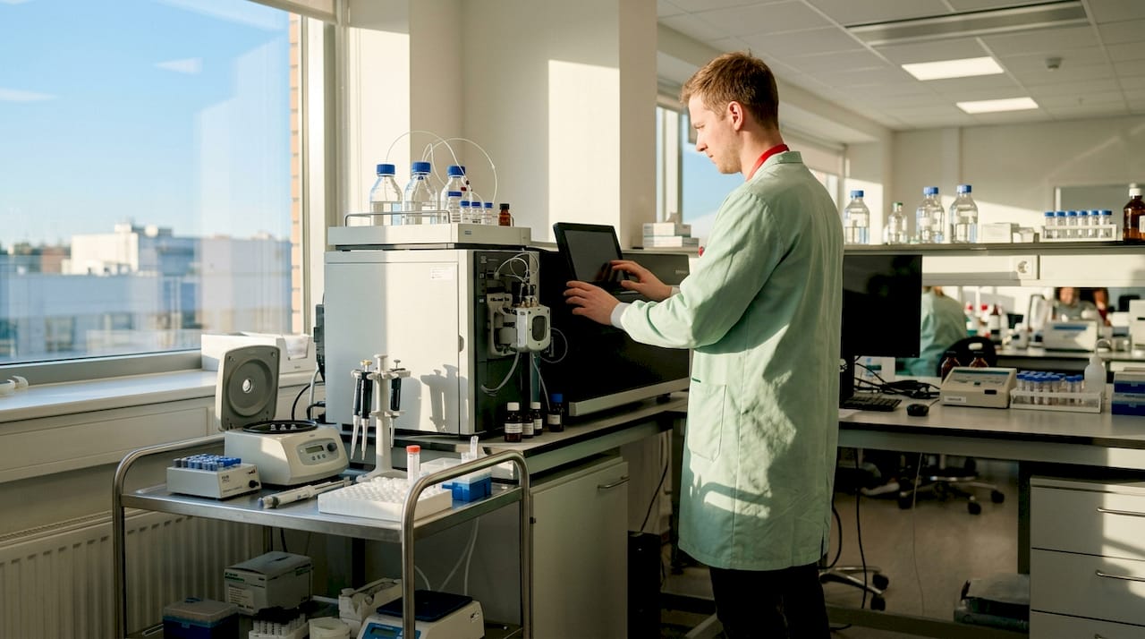 Hands operating mass spectrometer instrument