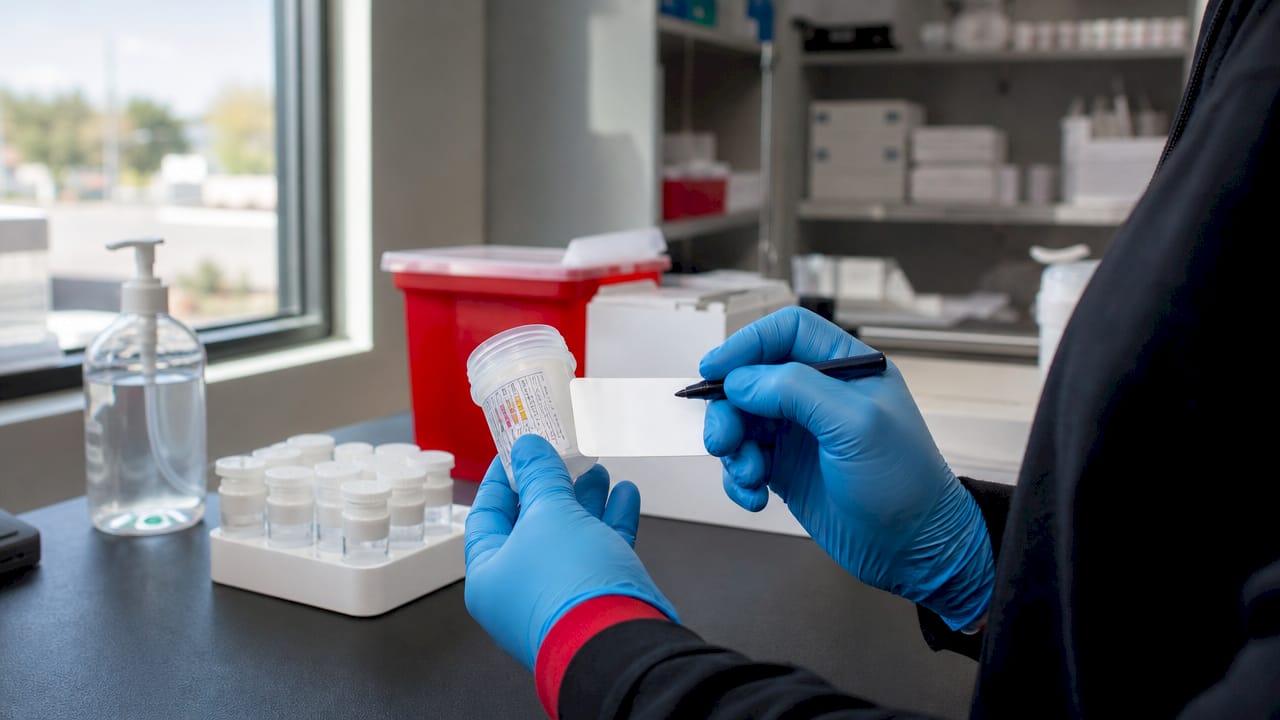 Gloved hands handling sealed drug test cup during workflow
