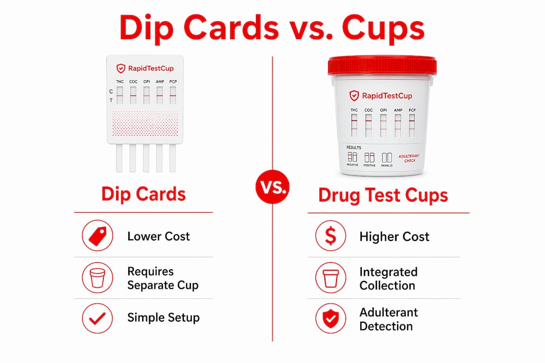 Infographic comparing dip cards and drug test cups features