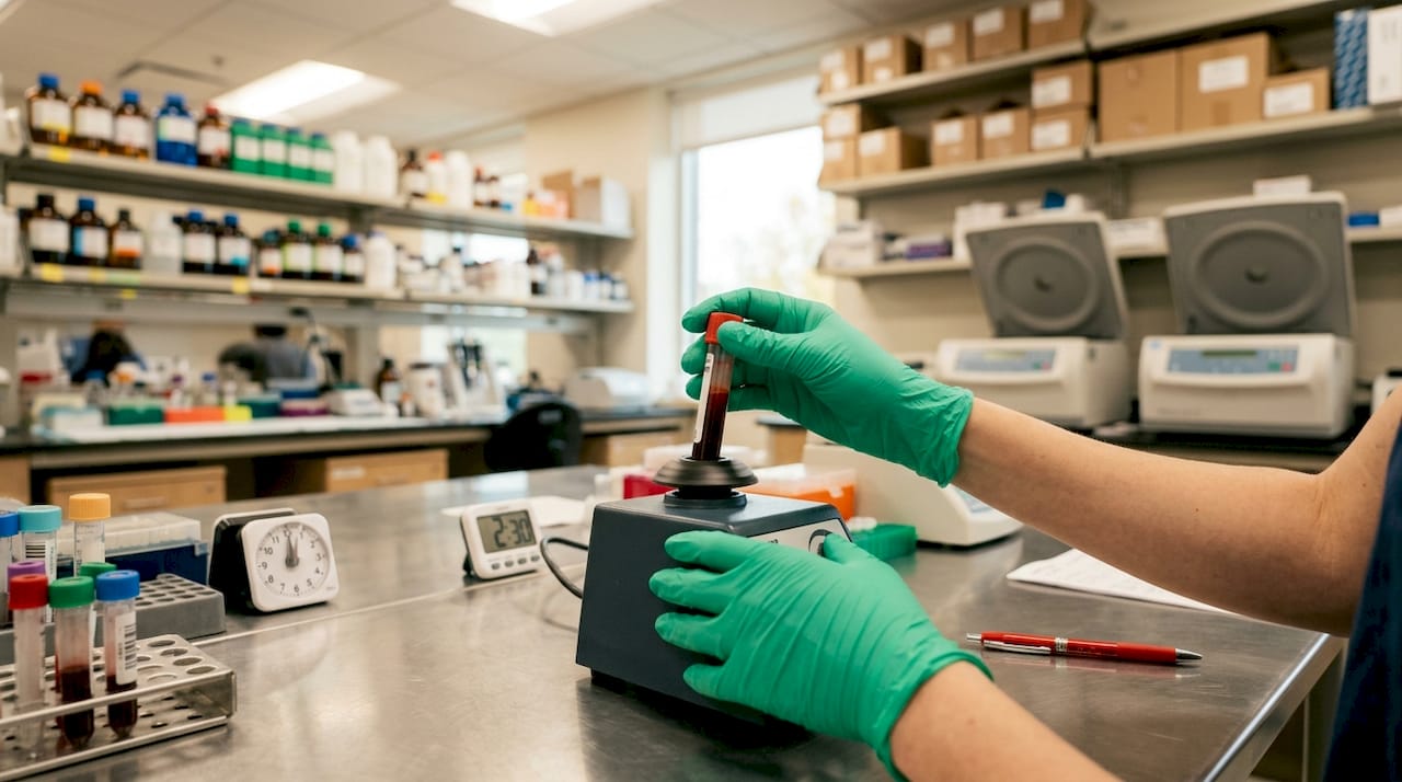 Hands using vortex mixer for sample homogenization