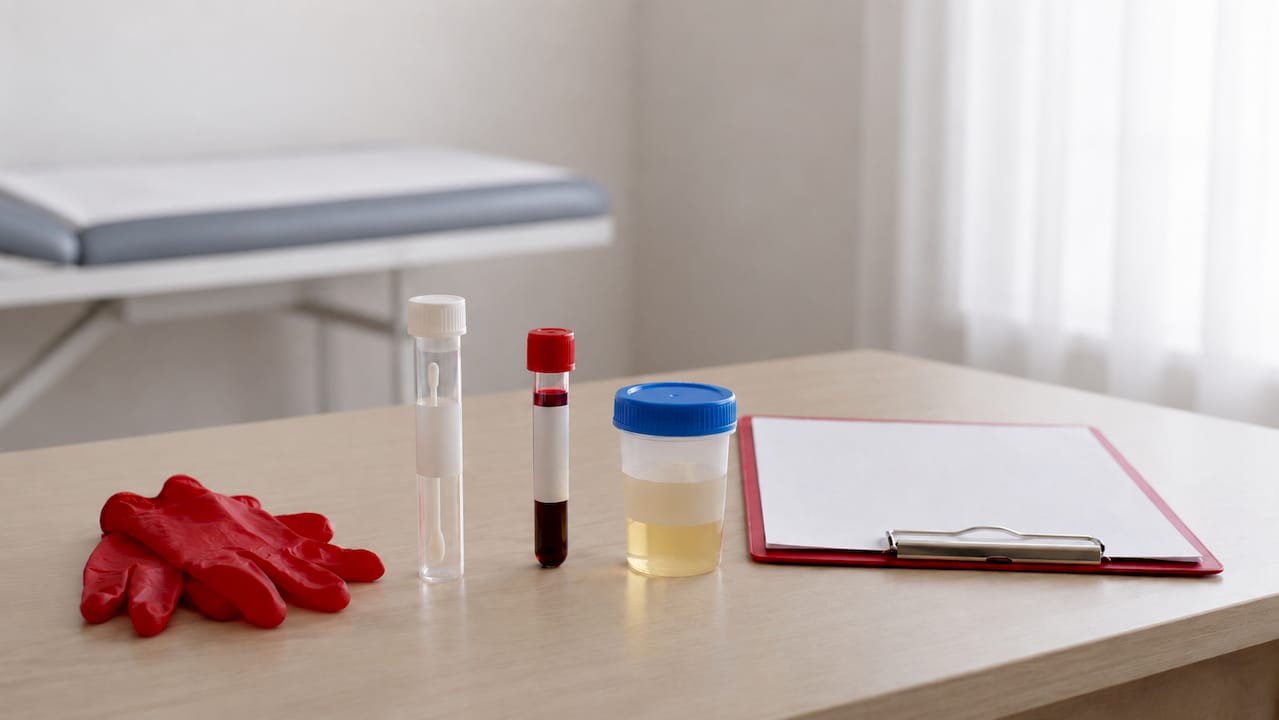 Overhead view of diverse specimen containers for drug testing