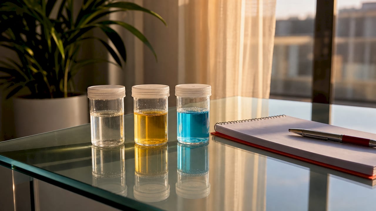 Urine adulteration method sample cups on desk