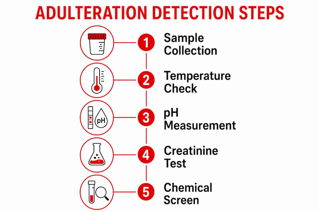 Infographic depicting steps to detect urine adulteration