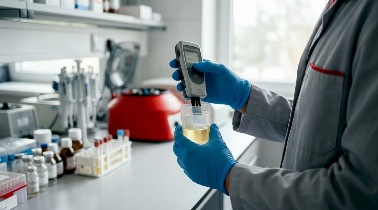 Technician testing urine specimen validity in lab