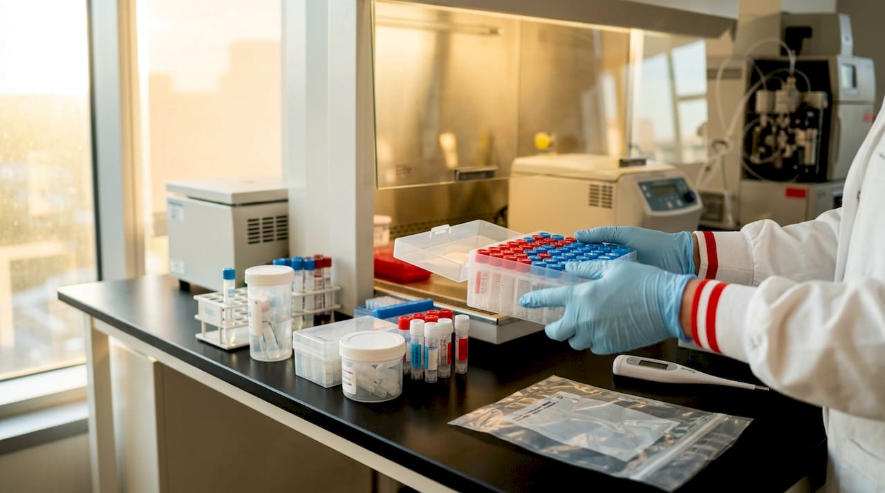 Gloved hands opening sterile cryovial box in lab