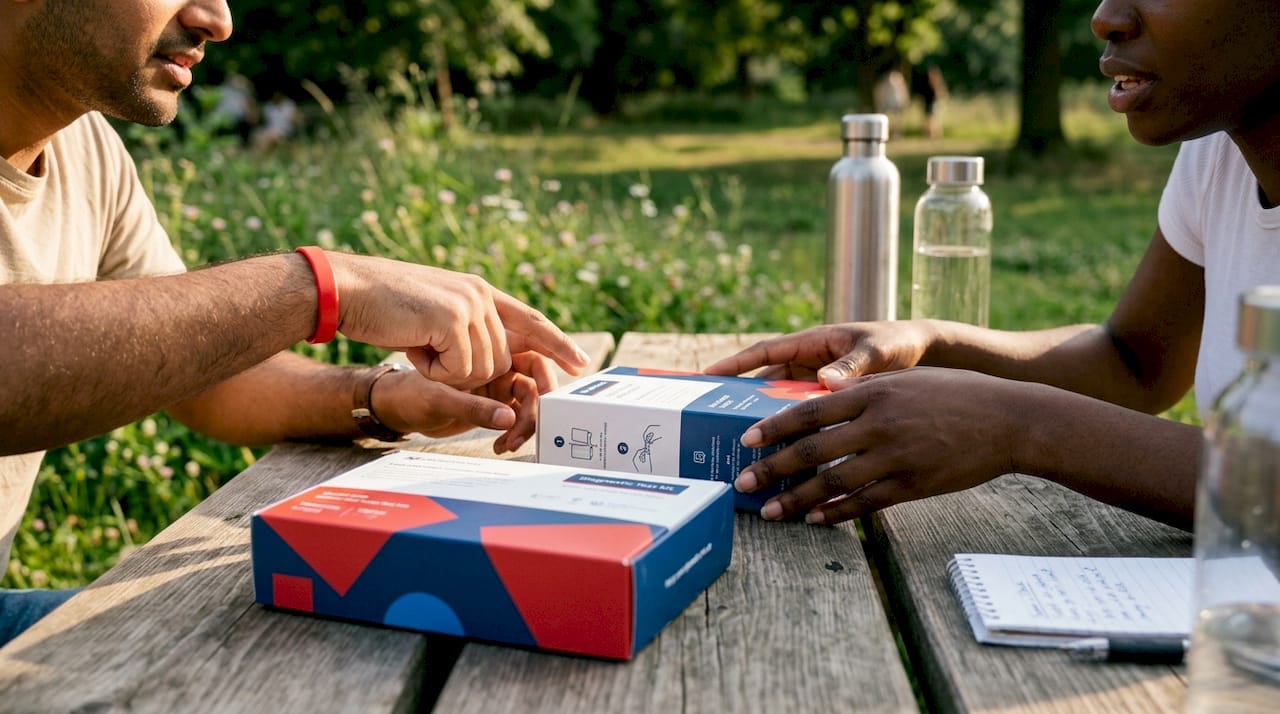 Overhead view of hands comparing FDA test kits