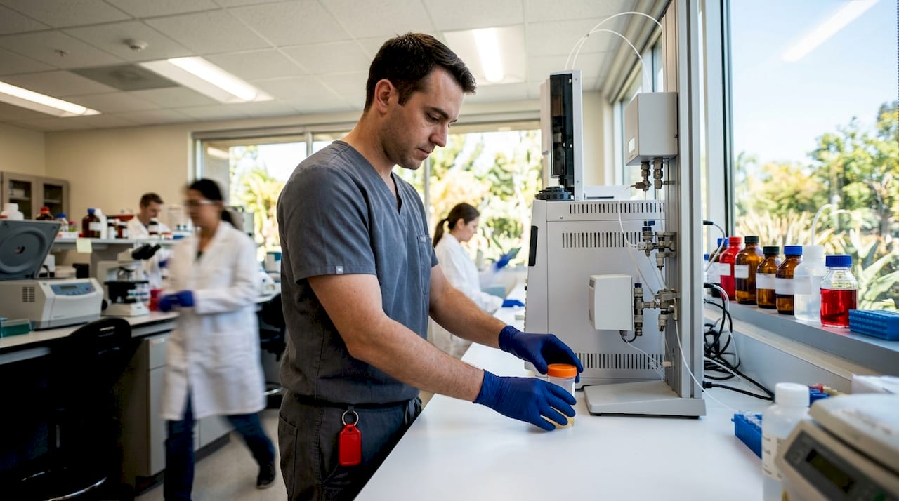 Lab technician handling urine specimen in clinical lab
