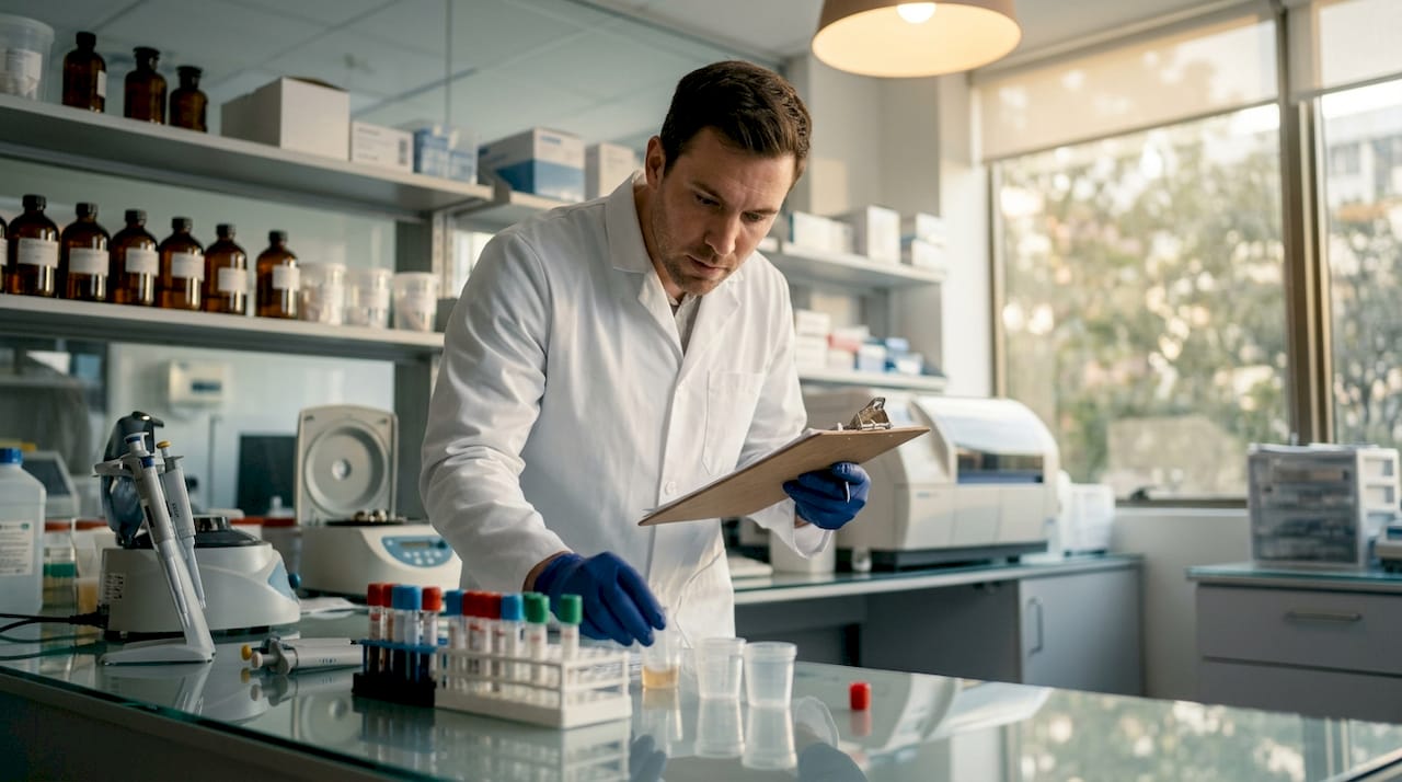 Lab technician examining medical test samples