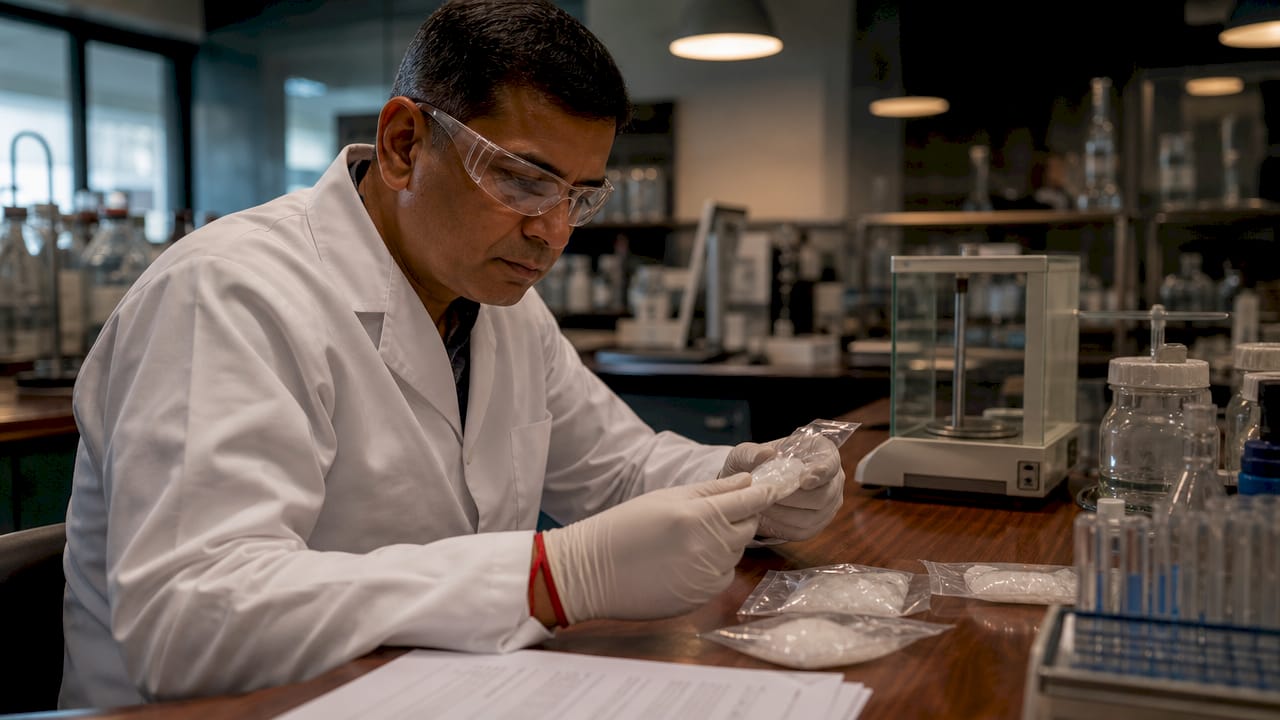 Forensic analyst examining synthetic drug samples