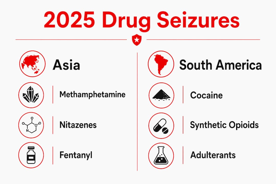 Infographic comparing drug seizures in Asia and South America