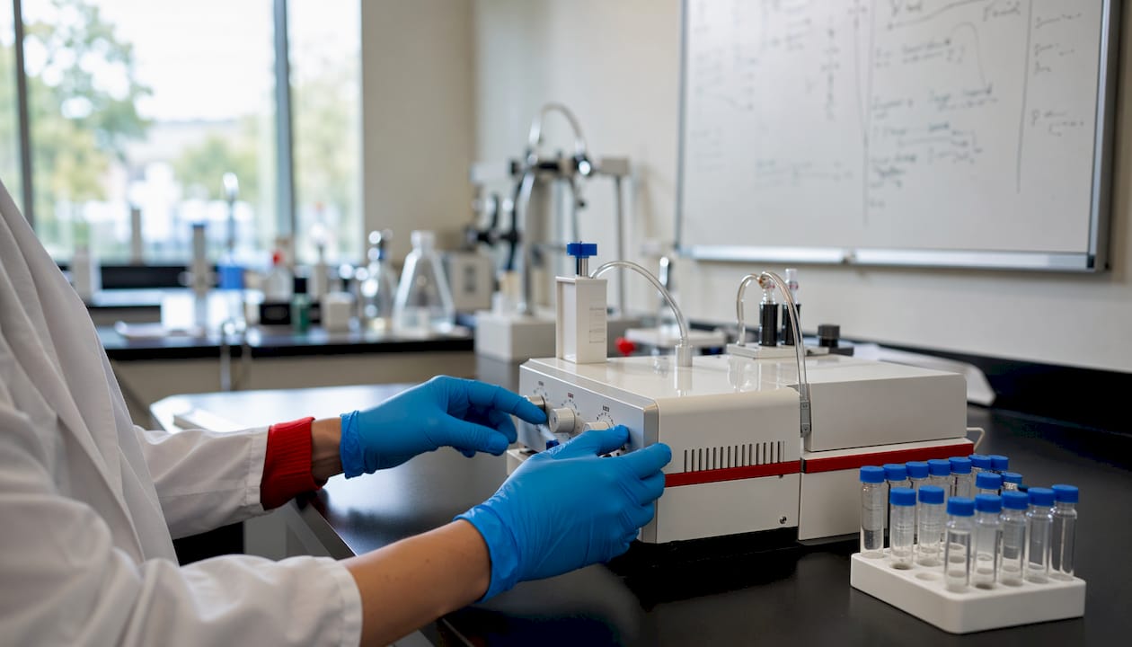 Hands typing commands in isolated drug lab setup