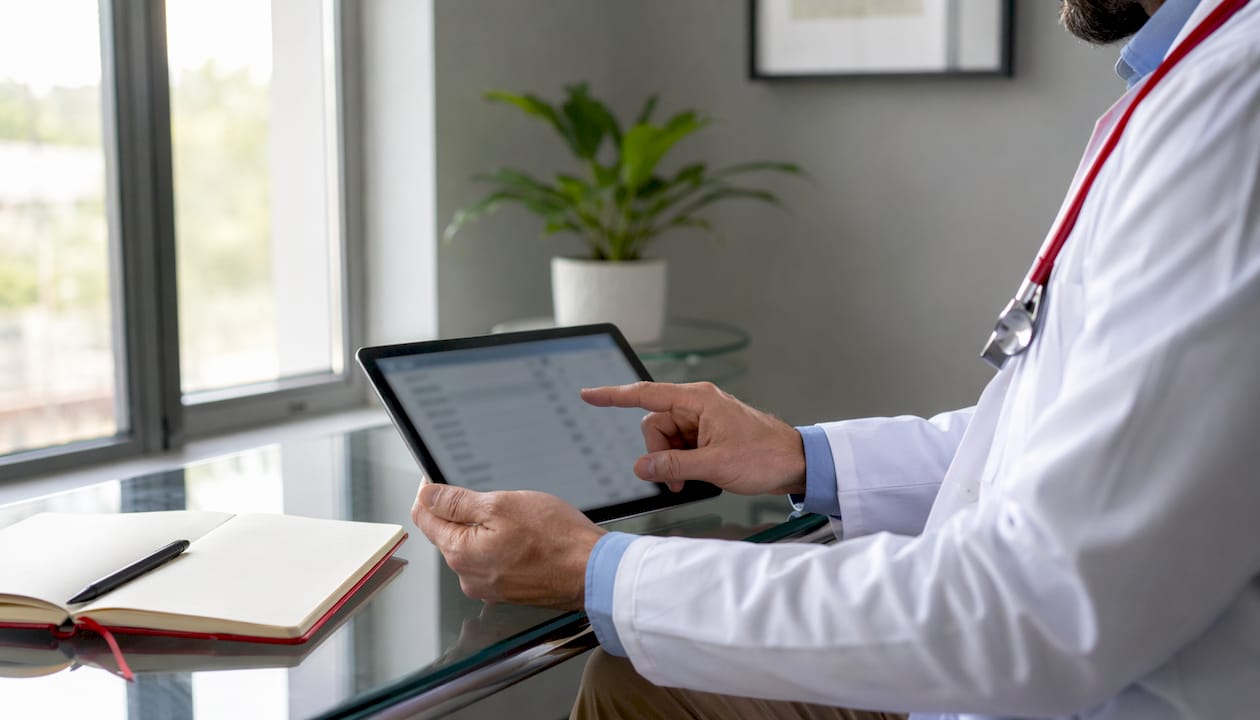 Doctor reviewing patient test data on tablet