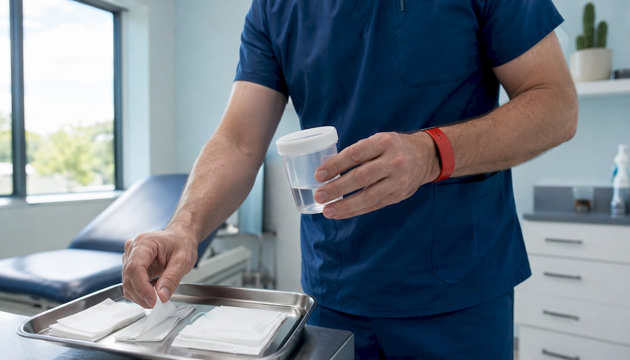 Healthcare worker demonstrating urine specimen collection
