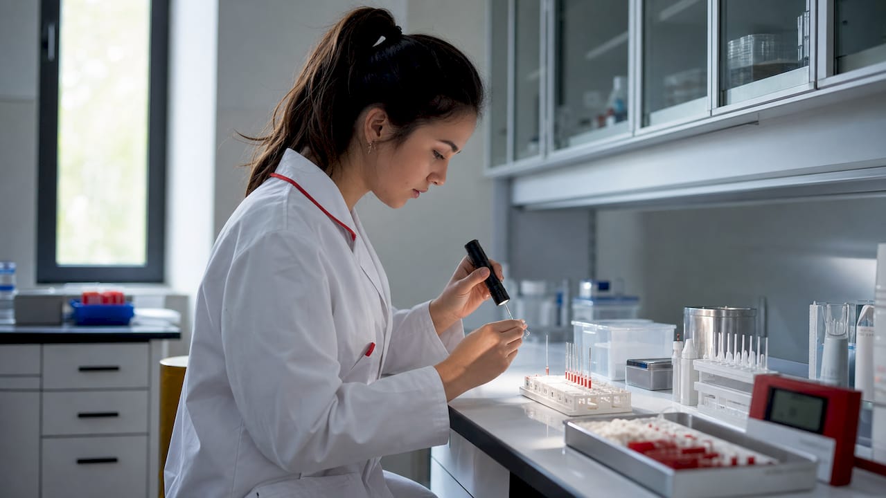 Lab assistant filling micro-collection tubes by heel stick