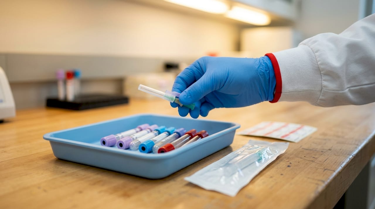Gloved hand holding safety blood collection needle