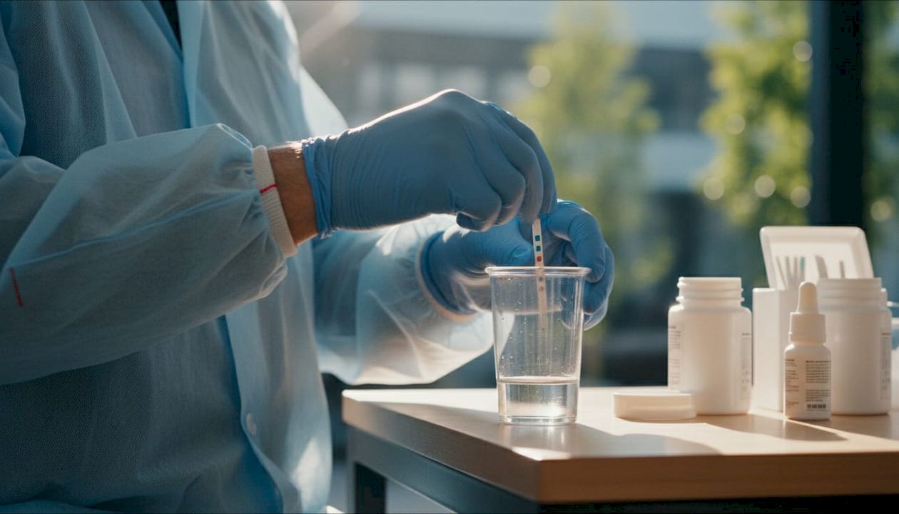 Hands using urine adulterant test strips