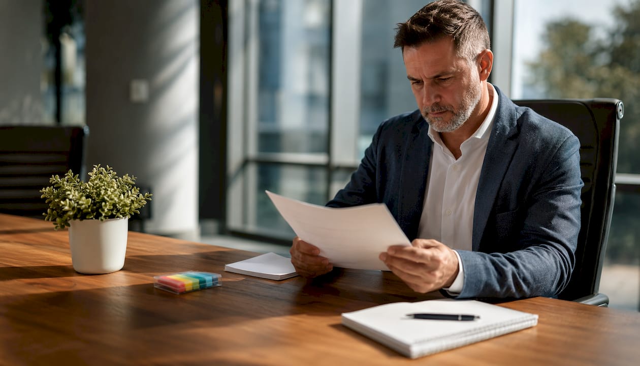 Manager reviewing drug test report at office desk