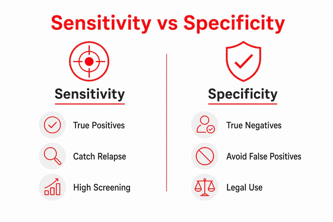 Infographic comparing sensitivity and specificity of drug tests