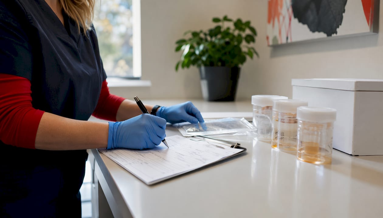 Hands filling chain-of-custody form with specimens