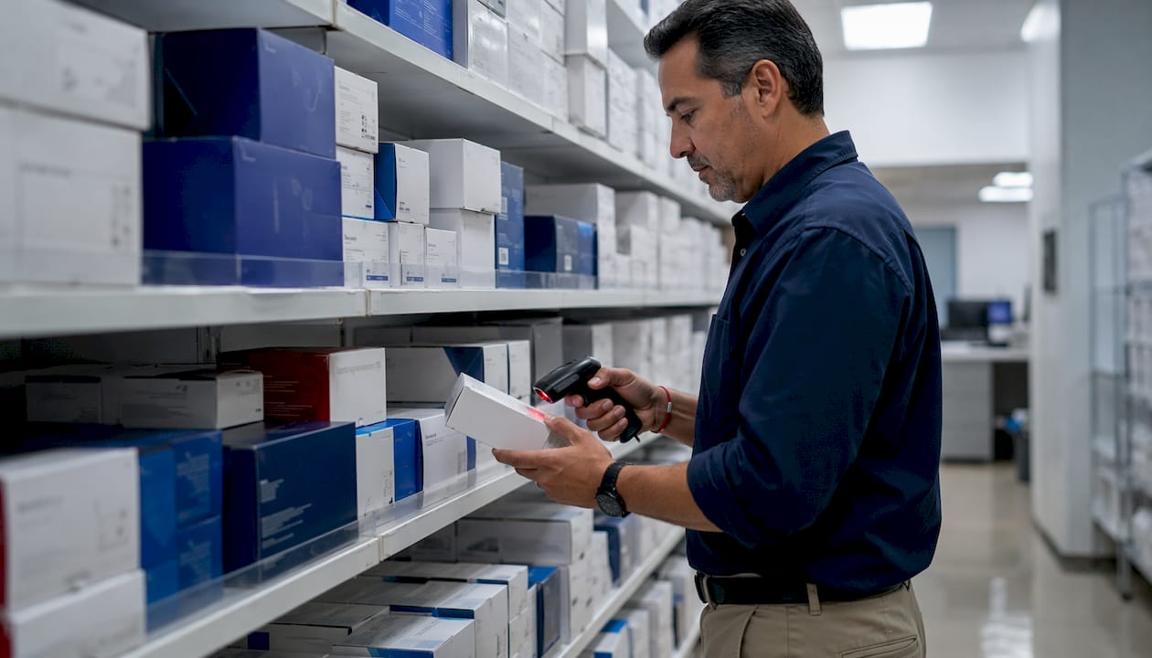 Supply manager scanning drug test kit box in storage room