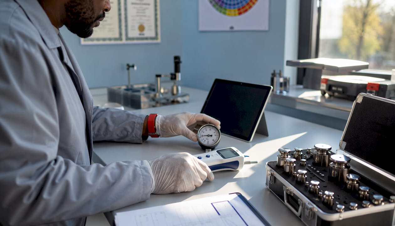 Hands handling calibration instruments on table