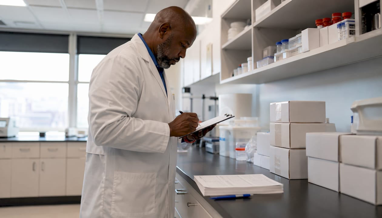 Lab manager inspecting QC materials inventory
