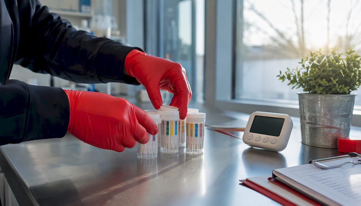 Close-up of gloved hands handling drug test cups