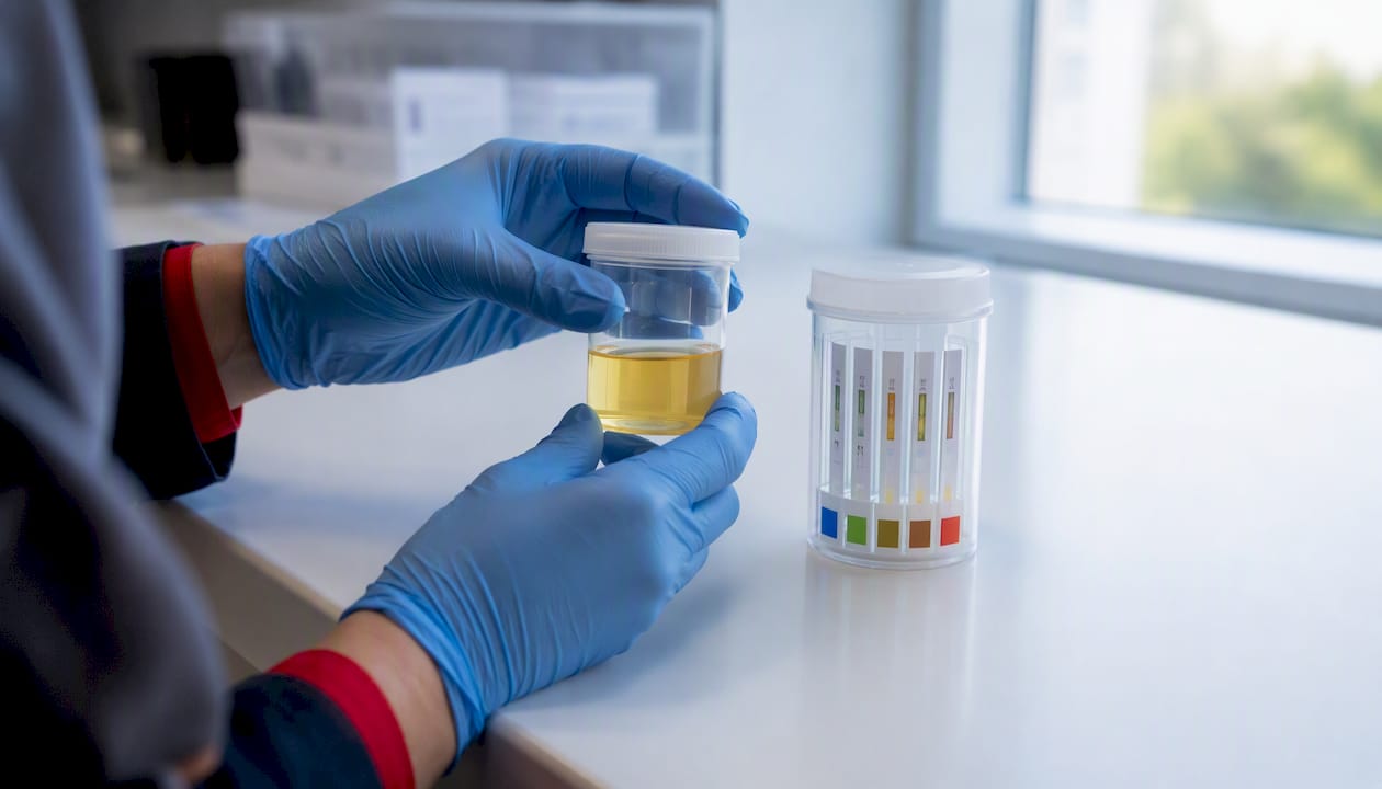 Hands preparing immunoassay urine drug test