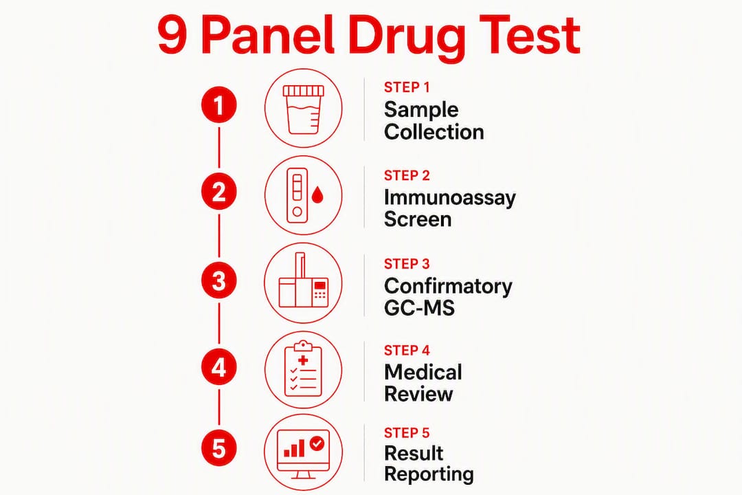 Infographic showing 9 panel drug test process steps