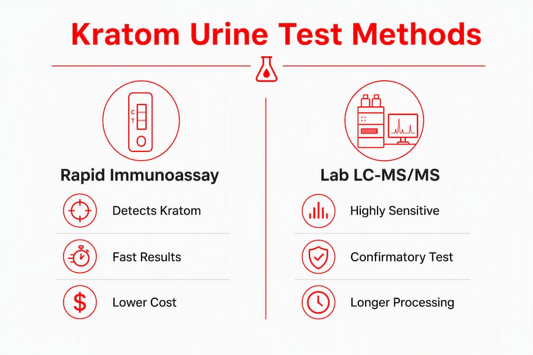 Infographic comparing rapid immunoassay and lab LC-MS/MS kratom tests