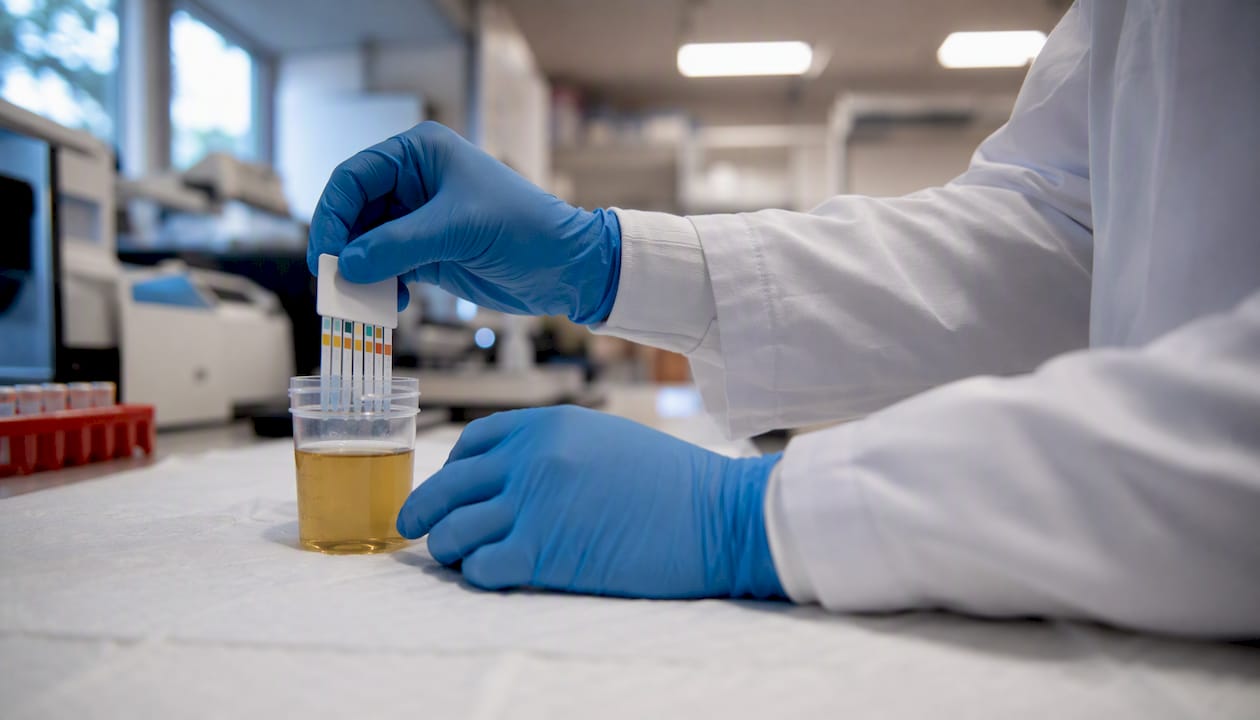 Hands dipping urine test strip into specimen cup