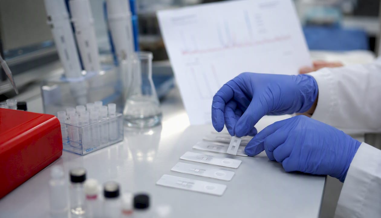 Hands holding fentanyl test strips in lab