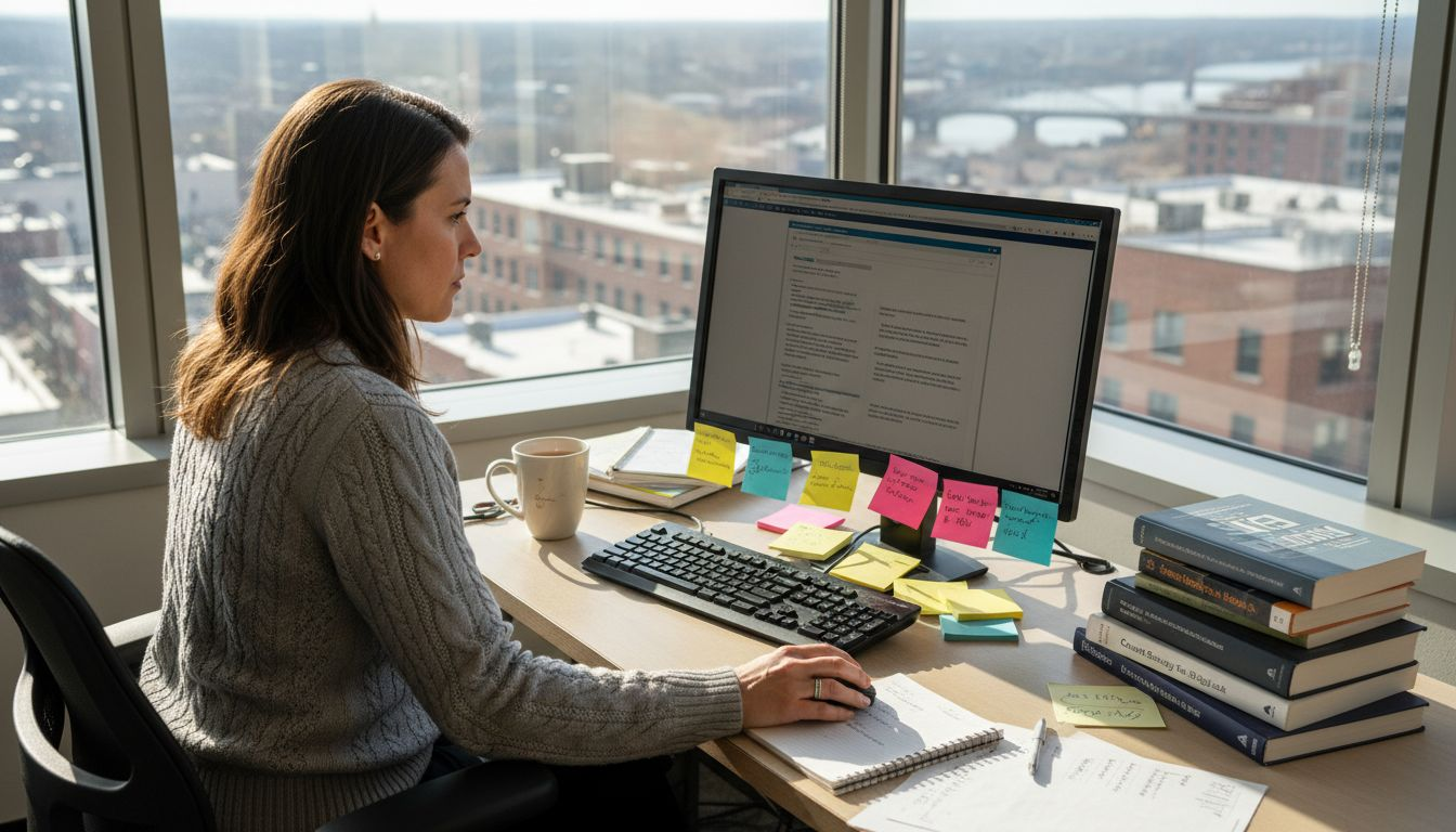 Editor reviews content at sunlit office desk