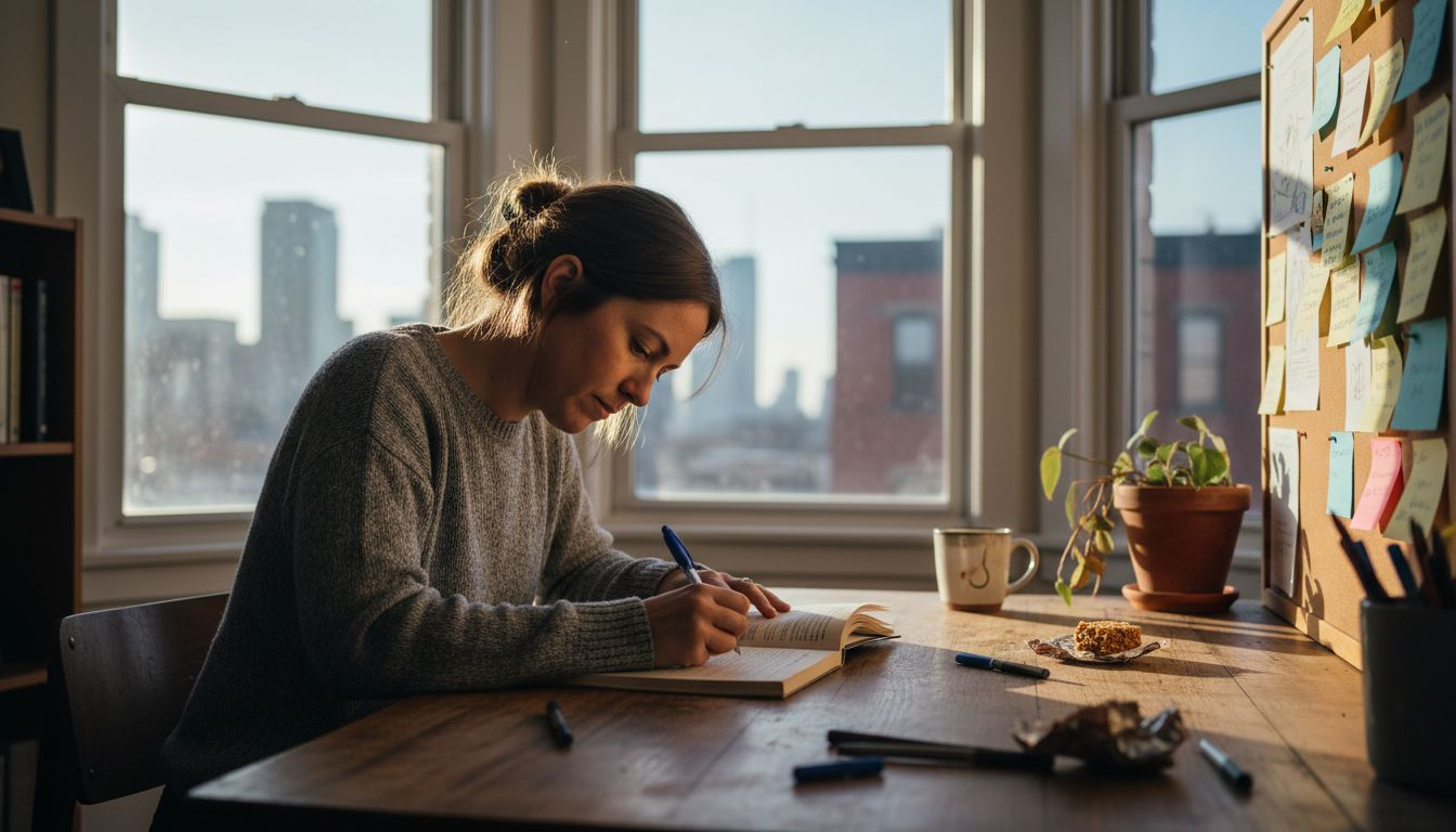Writer working at cluttered desk in sunlit office