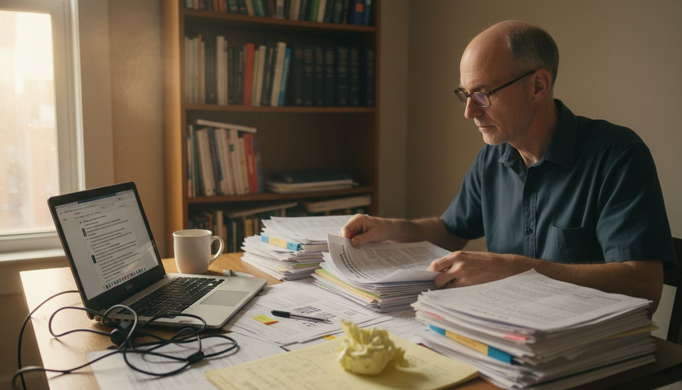 Researcher sorting papers and notes at table desk