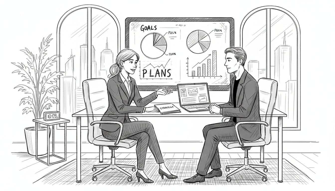 Advisor consults with client in modern office